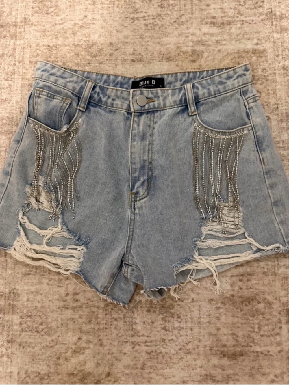 Blue B High-Rise Light Blue Denim Shorts with Rhinestone Fringe